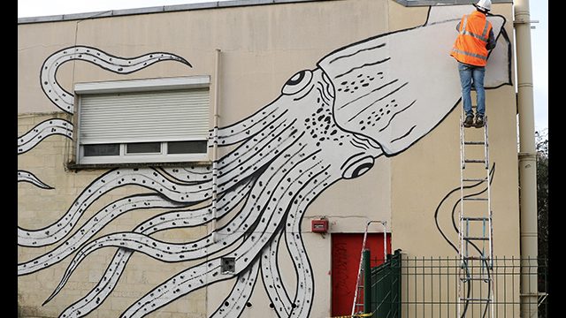 Fresque de l'artiste graffeur Oré peinte à Caen. Pieuvre géante peinte en noir et blanc.