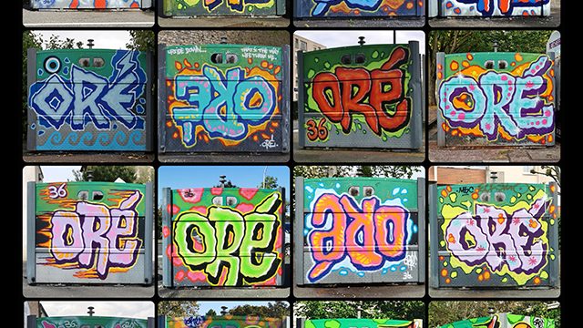 Lettrages graffiti peint par l'artiste graffeur Oré. Série de lettres colorées « Oré » graffées sur des contenaires à Caen.