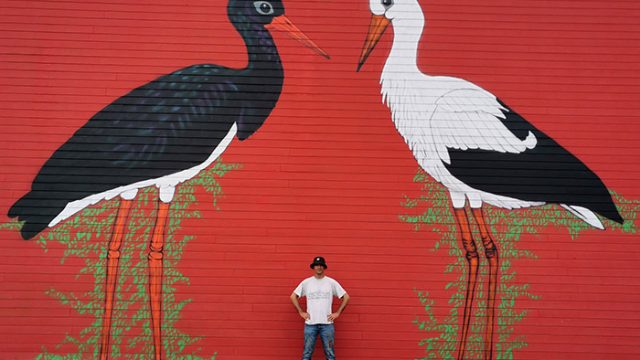 Deux cigognes géantes peintes par l'artiste graffeur Oré.