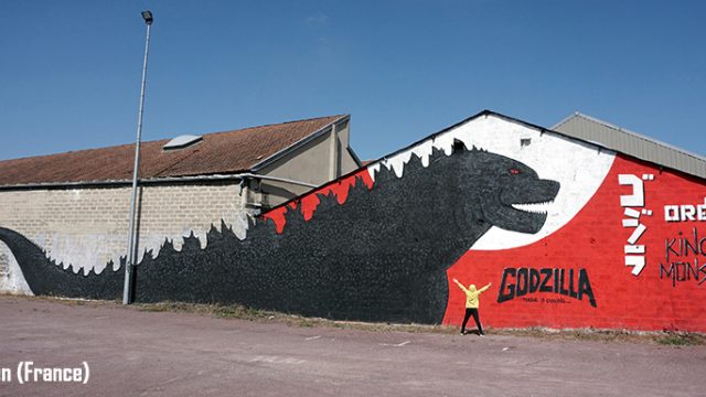 Fresque street art de l'artiste graffeur Oré. Elle représentante le monstre Godzilla.