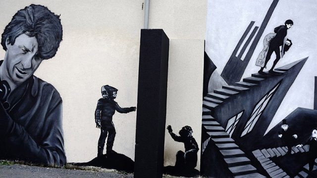 Fresque street art de l'artiste graffeur Oré sur le Cinéma. Au Lux à Caen. 2001, Kubrick.