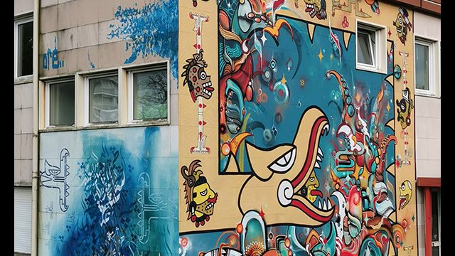 Fresque de street art. Façade extérieure peinte par le graffeur et street artiste Oré. Un Quetzalcóatl géant de couleur crème serpente sur un fond abstrait bleu, avec sur le mur d'angle des calligraphies.