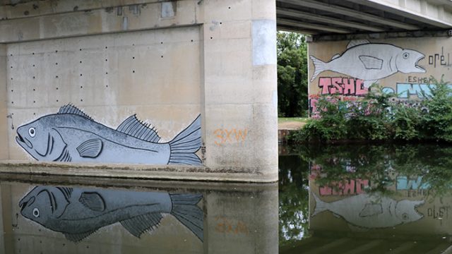 2 poissons géants peints par l'artiste graffeur Oré. Avec le reflet d'un poisson dans la rivière.