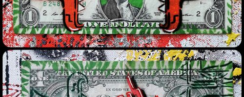 Billet d'un Dollar peint par l'artiste graffeur Oré. Money Art sur Dollar. Projet money for nothing.