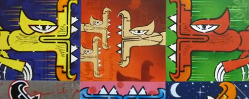 Tableau street art de l'artiste graffeur Oré. Série de Quetzalcóatl peints au pochoir. De toutes les couleurs.