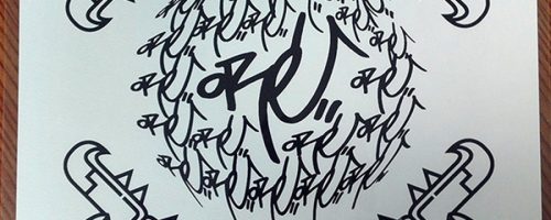 Sérigraphie de l'artiste graffeur Oré. Encre noire sur fond blanc. Tags signatures Oré et Quetzalcóatl.