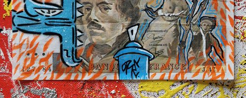 Money Art. Billet banque de 100 francs peint. Œuvre street art de l'artiste graffeur Oré.