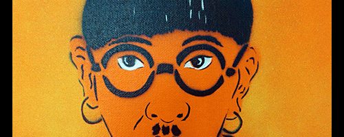 Tableau de l'artiste graffeur Oré. Le peintre japonais Fujita avec son chat. Pochoir street art.