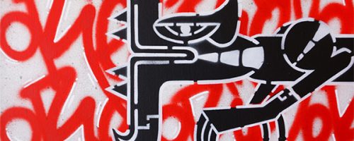 Tableau de l'artiste graffeur Oré. Un Serpent à plumes sur fond de tag graffiti Oré. En noir et rouge.