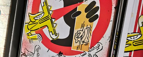 Affiche vietnamienne peinte par l'artiste graffeur Oré. Couleurs noir, rouge, blanc.