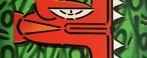 Tableau de l'artiste graffeur Oré. Tête de serpent à plumes avec des graffitis en fond.