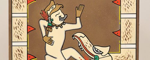 Tableaux de l'artiste Oré sur un chevalet. Scène précolombienne. Serpent à plumes avec un personnage. Couleurs marron, ocre et beige.